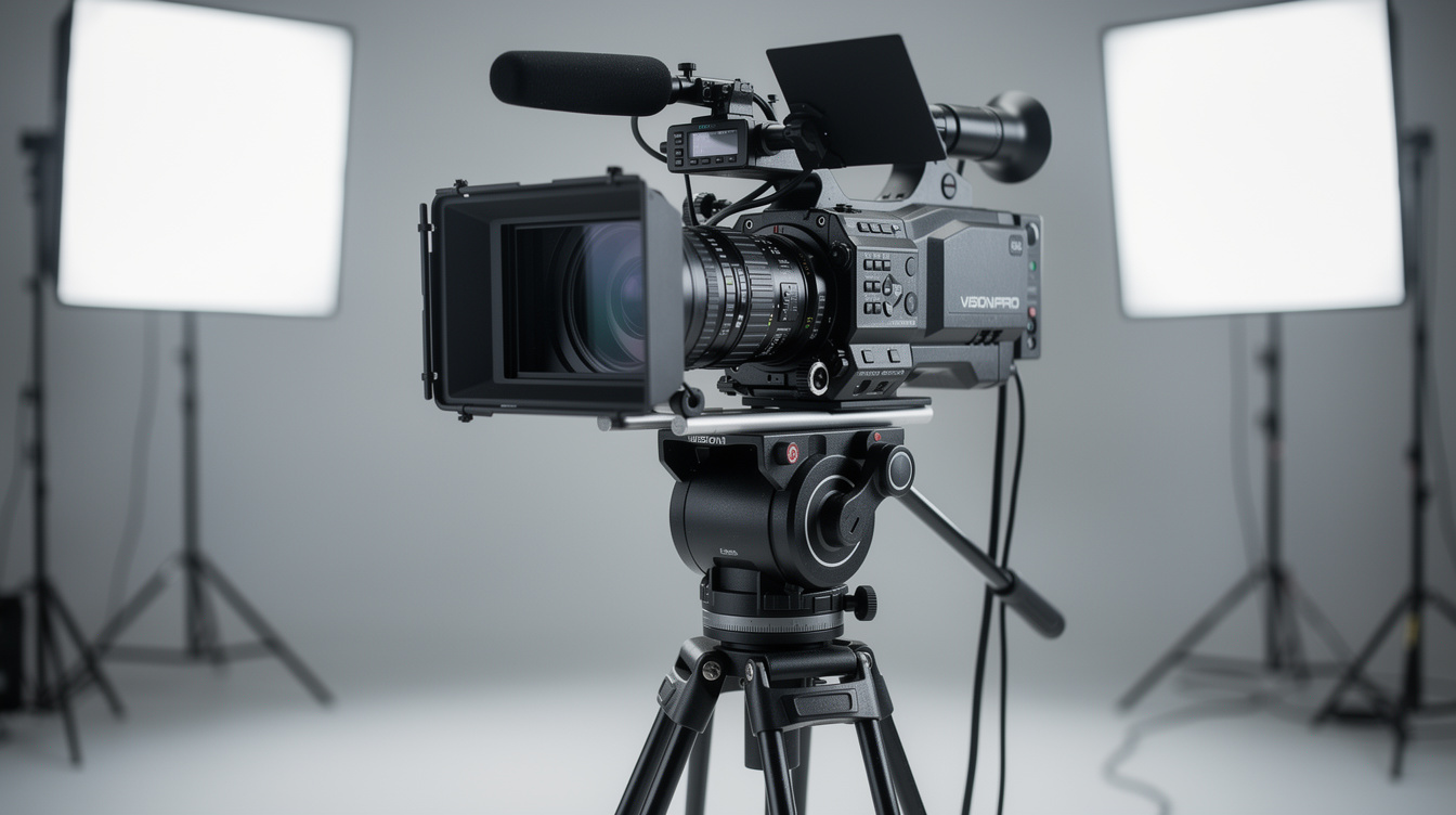 Professional TV camera and studio lighting setup