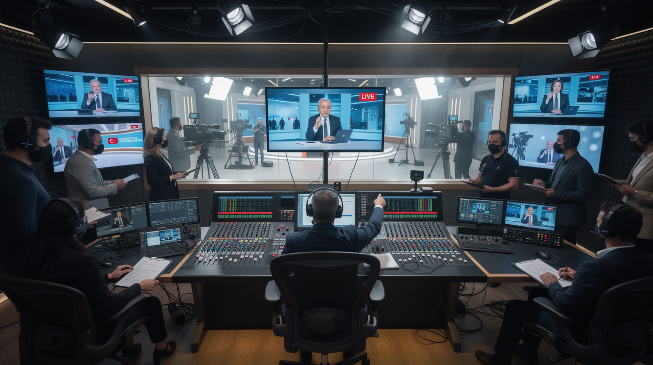 TV studio control room during live broadcast with camera crew